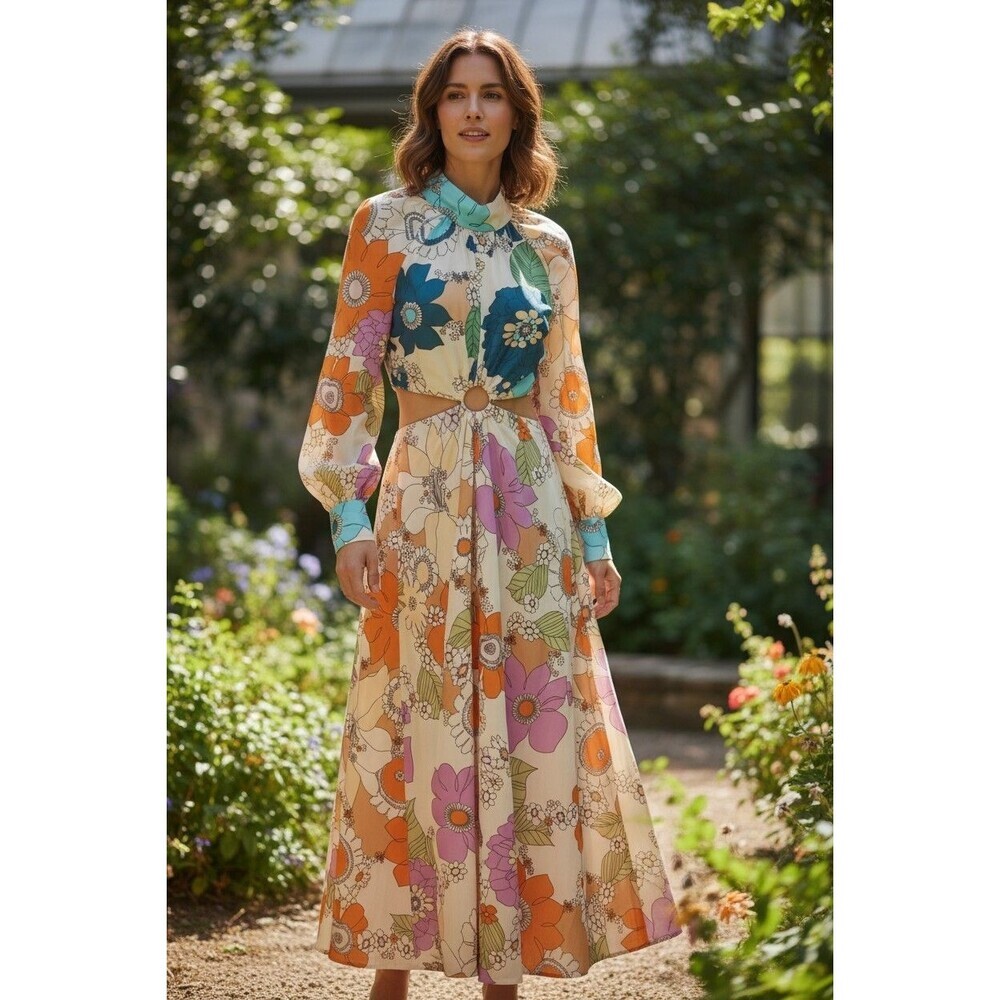 Runway Skirts Dress Womens Small Ballon Sleeve Floral Midi Fit & Flare
